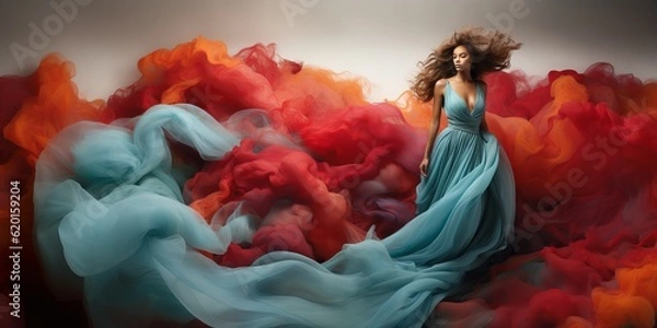Obraz a woman in a long blue dress standing in a cloud of red and orange smoke