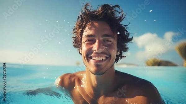 Obraz a man swimming in a pool with his hair blowing in the wind