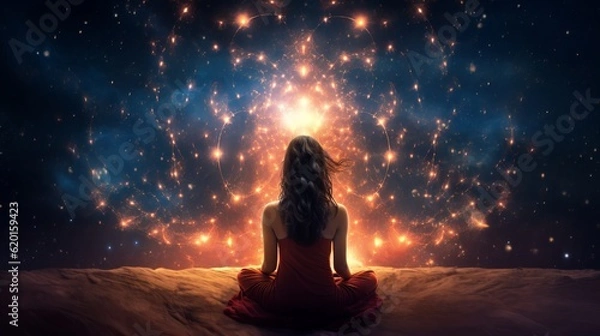 Obraz a woman sitting on a bed in front of a firework display