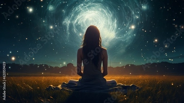 Obraz a woman sitting in a field looking at the stars