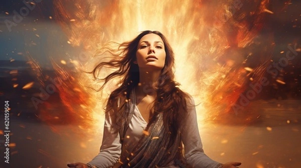 Obraz a woman sitting in a lotus position in front of a fire