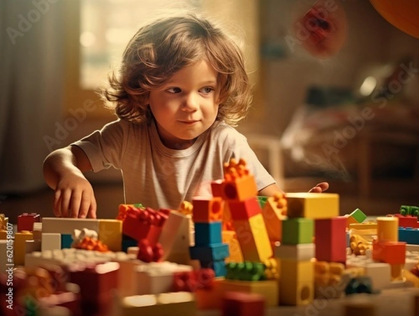 Obraz a little girl playing with a pile of blockss