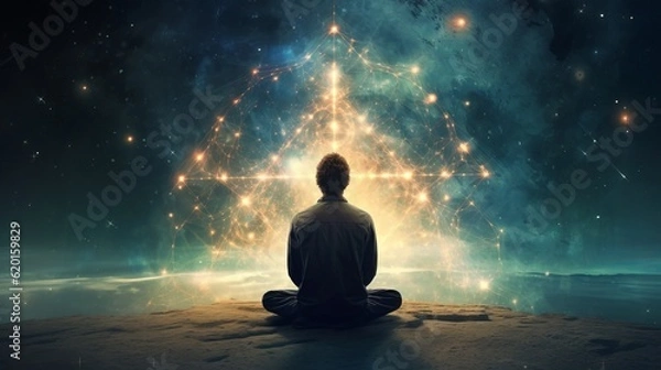 Fototapeta a man sitting in a meditation position in front of a space filled with stars