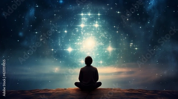 Obraz a person sitting in a meditation position in front of a star filled sky