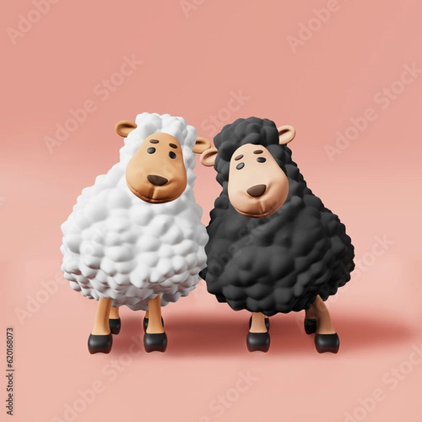 Fototapeta Two cute sheeps friends 3d rendering. Friendship Day. Pyjamas printing bedclothes, baby shower, children party invitation, funny clothes t-shirt. Adorable lambs greeting card Kids room interior design