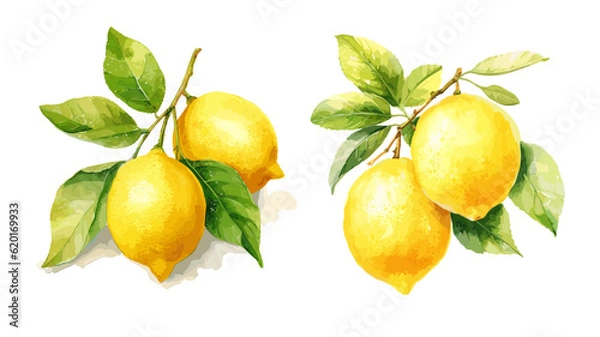 Fototapeta Lemon, watercolor painting style illustration. Vector set.