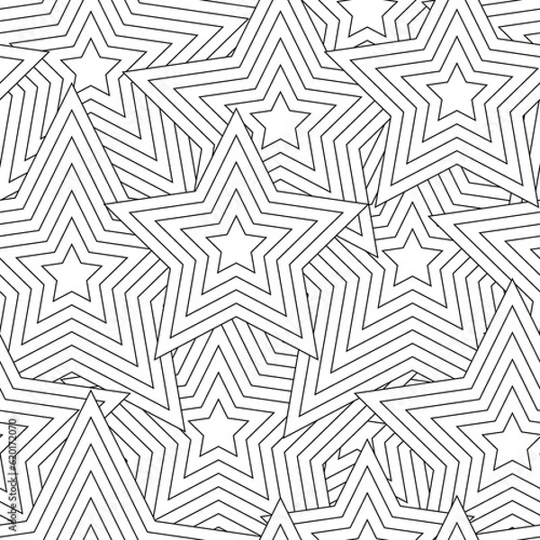 Fototapeta Black and white seamless pattern for coloring book in doodle style. Polygons, Stars.