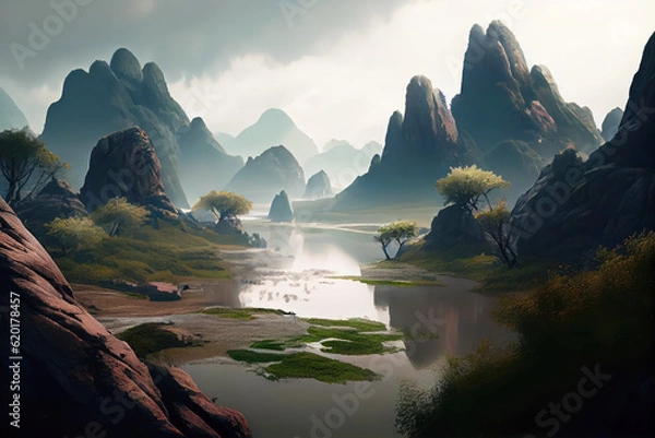 Fototapeta China landscape with mountains and lake. Generative AI Art. Beautiful view.