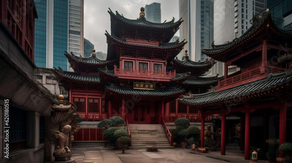 Fototapeta "Discover the captivating blend of old and new in Hong Kong's Central district, where ancient traditions harmoniously coexist with modern skyscrapers, creating a vibrant tapestry of cultural heritage 