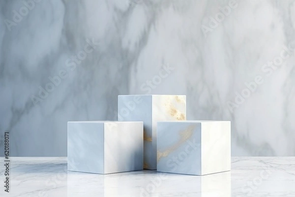 Obraz 淡いブルーグレーのマーブルの背景に白と金色の四角い三つの展示台がある抽象バナー。AI生成画像