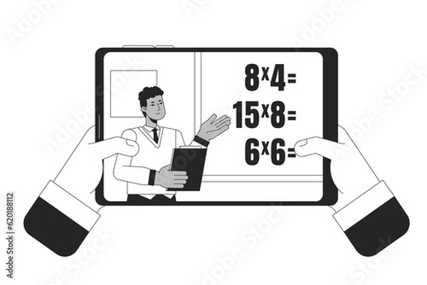 Fototapeta Online lesson on tablet flat line concept vector spot illustration. Teacher teaching math near blackboard 2D cartoon flat line monochromatic character for web UI designimage