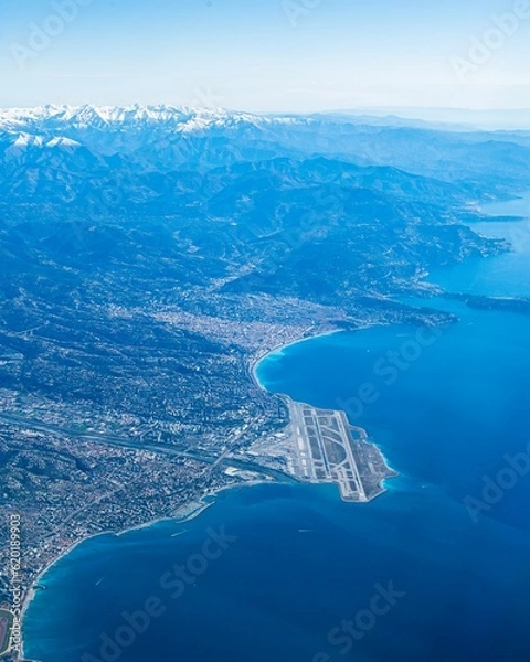 Obraz Amazing view of Nice Cote d'azur airport and Nice town along with the french riviera and the alps taken from an airplane window 