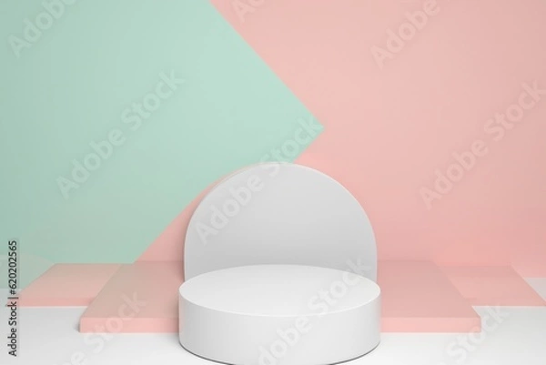 Fototapeta Set of white realistic 3d cylinder pedestal podium with pastel yellow, blue and pink in semi circle backdrop. Abstract vector rendering geometric platform. Product display presentation. Minimal scene.