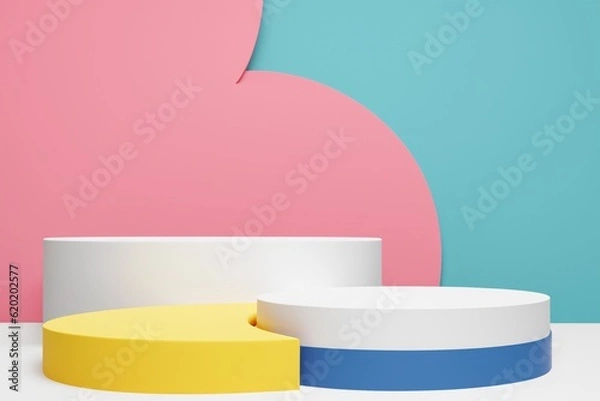 Obraz Set of white realistic 3d cylinder pedestal podium with pastel yellow, blue and pink in semi circle backdrop. Abstract vector rendering geometric platform. Product display presentation. Minimal scene.