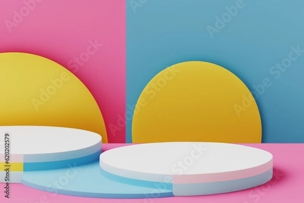 Fototapeta Set of white realistic 3d cylinder pedestal podium with pastel yellow, blue and pink in semi circle backdrop. Abstract vector rendering geometric platform. Product display presentation. Minimal scene.