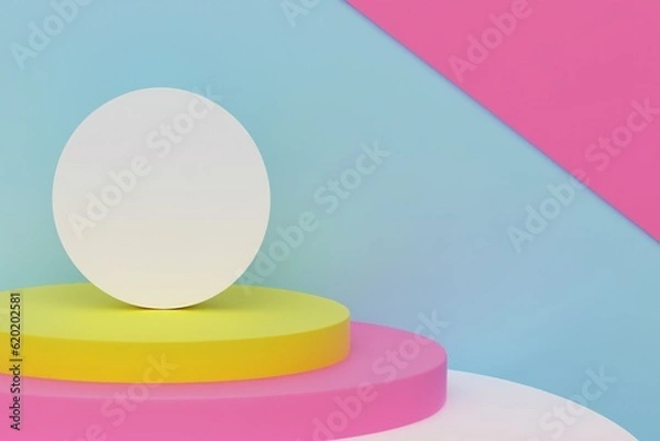 Obraz Set of white realistic 3d cylinder pedestal podium with pastel yellow, blue and pink in semi circle backdrop. Abstract vector rendering geometric platform. Product display presentation. Minimal scene.