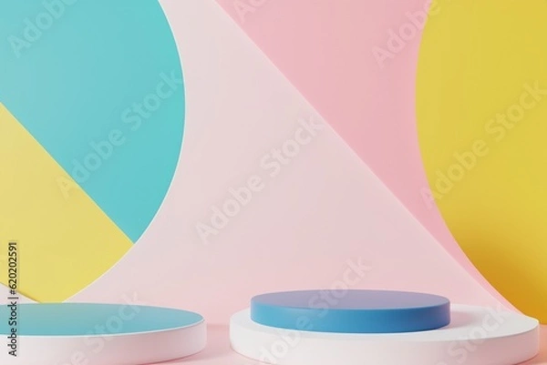 Fototapeta Set of white realistic 3d cylinder pedestal podium with pastel yellow, blue and pink in semi circle backdrop. Abstract vector rendering geometric platform. Product display presentation. Minimal scene.