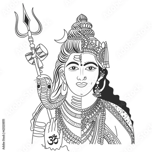Fototapeta Half face Shiva and Parvati with ornaments in abstract style outline. Lord Shiva with snake, trishula and damru. Hand drawn Vector illustration.