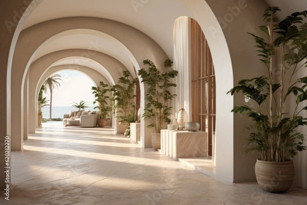 Fototapeta modern hallway 3d design with arch and stone wall with plants Generative AI