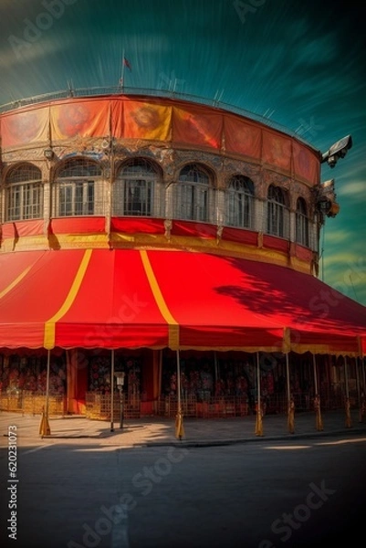 Fototapeta A Red And Yellow Awning In Front Of A Building