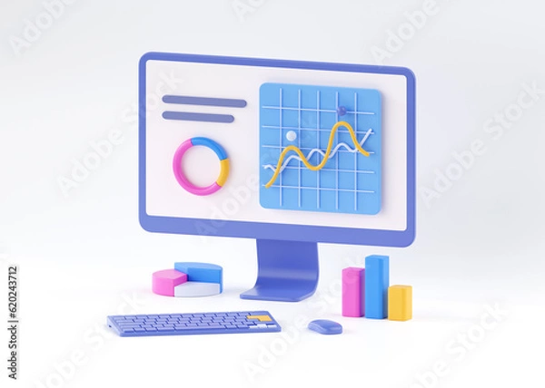 Fototapeta Seo 3d research render illustration - bussiness tool creative concept. Social media web infographic design