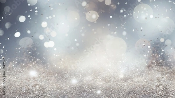 Fototapeta Christmas background with snowflakes and bokeh glitter effect with room for copy. AI generative art.