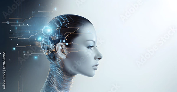 Fototapeta Futuristic female robot with artificial intelligence. AI generated