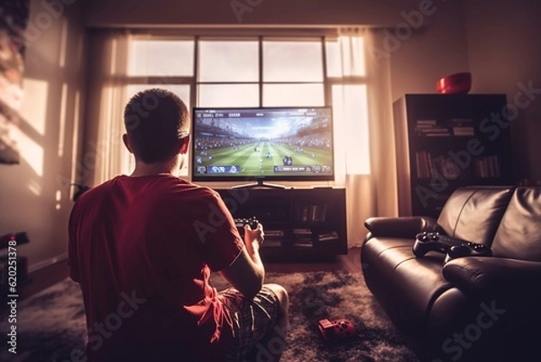 Obraz A kid playing alone, a football video game on television. Concept: Loneliness and addiction to video games. Generative ai