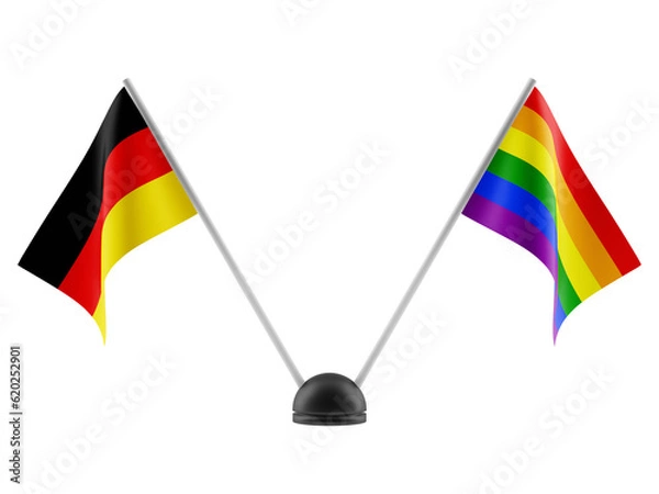 Fototapeta LGBT and Germany flags on decorative stand. Isolated on a transparent background. 3d render