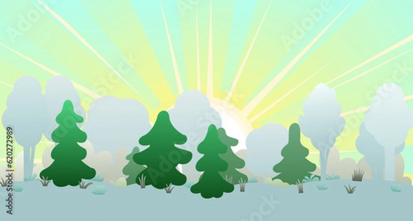 Fototapeta Winter landscape with snowdrifts and snow. View of white cold nature. Cartoon fun style. Flat design. Bright rays of morning sun. Vector