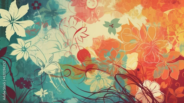 Obraz Lebendige und energetische Sommer Hintergrund mit hellen Farben, tropische Blumen und Blätter. Urlaub, Reisen, Meer. Generative AI.