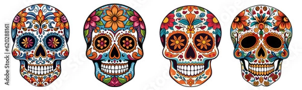 Obraz Mexican skulls set. Dia de los muertos shugar colorful heads on transparent background