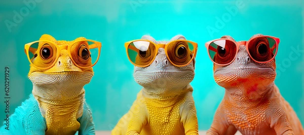 Fototapeta Stylish portrait of three chameleons wearing sunglasses. Pastel gradient background. Generative AI.