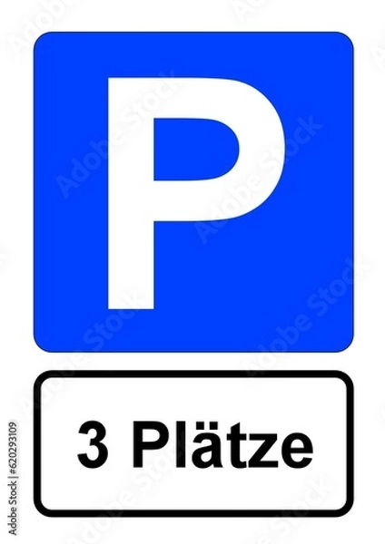 Fototapeta Illustration eines blauen Parkplatzschildes mit der Aufschrift "3 Plätze"	