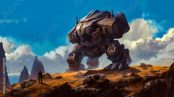 Fototapeta A giant armored robot in the mountains, looking at a human