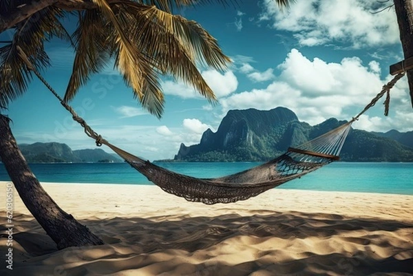 Fototapeta hammock on the sandy beach with mountain in the background Generative AI