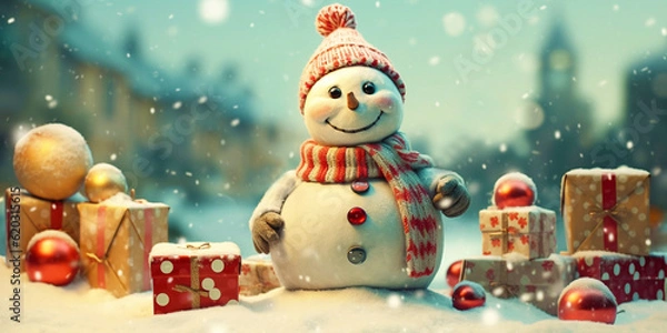 Fototapeta Merry Christmas and New Year greeting card. A cute and happy snowman in a knitted hat and scarf, standing against the background of a winter Christmas landscape and gifts. Banner.
