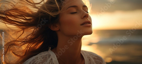 Fototapeta portrait of a woman standing breathing deep on the beach at sunset. 
  Image generative AI.