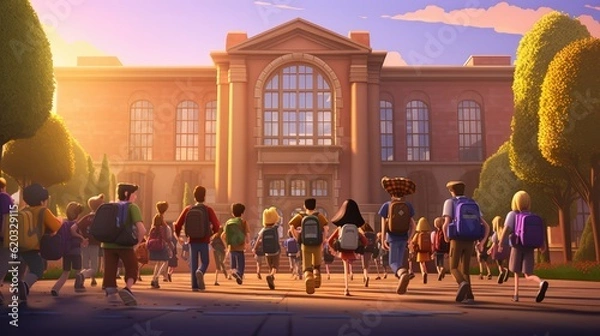 Fototapeta the students running for the sound of the bell that starts classes so as not to be late, back to school day