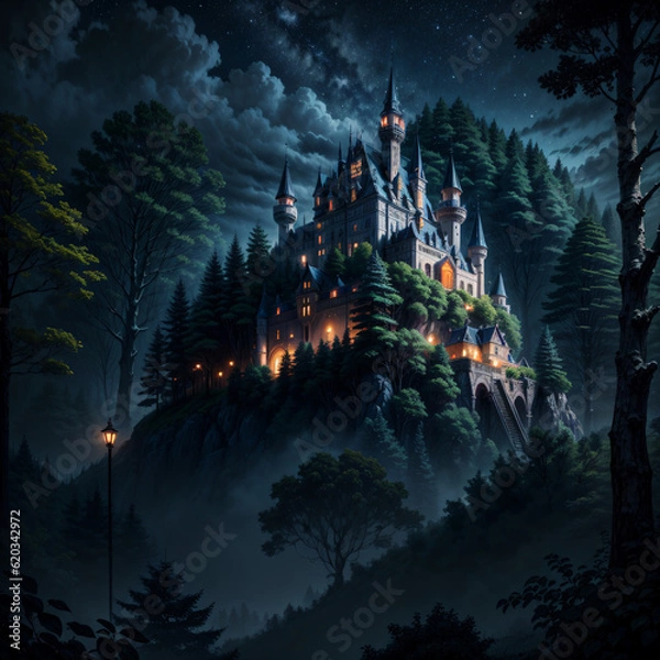 Fototapeta A medieval castle on a hill, surrounded by a dense forest (Day/Night) | Generative AI