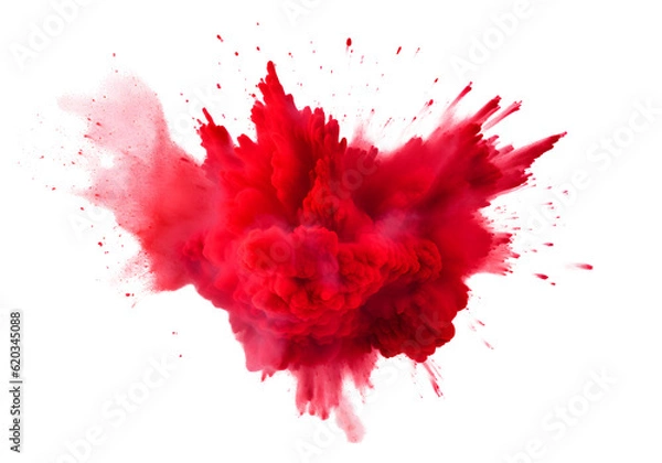 Fototapeta Abstract red color holi paint splashes and motion of red powder festival explosion, colorful dust exploding isolated on white background.