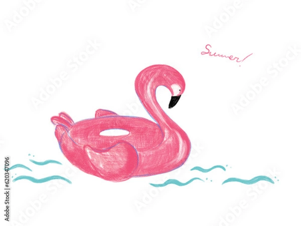 Obraz 手書き・色鉛筆風のフラミンゴの浮き輪のイラスト,ピンク色の浮き輪,フラミンゴの浮き輪,夏の浮き輪、レトロなイラスト