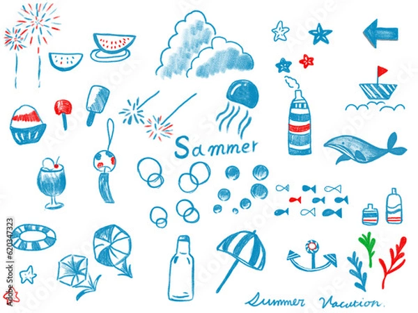 Fototapeta 夏のイラスト、色鉛筆手書き風、ゆるいイラスト,スケッチ クラゲ、パラソル、入道雲、スイカ、風鈴、泡、ラムネ、水、アイス、ほし、鯨、魚、シンプルなイラスト