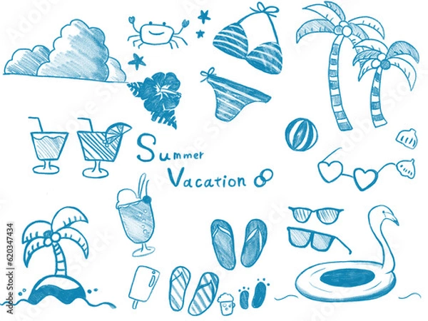 Obraz 夏のイラスト、色鉛筆手書き風、ゆるいイラスト,スケッチ,サマーバケーション、休暇,パラソル、入道雲、水着、クリームソーダ、やしの木、サンダル、サングラス、ビキニ、浮き輪、かに、ビーチボール