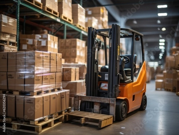 Fototapeta A large warehouse with rows of multiple stacks of boxes and merchandise, forklift loads pallets and boxes in warehouse. Generative AI