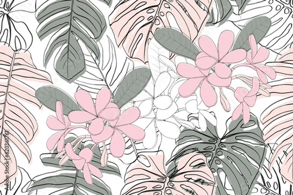 Fototapeta Seamless pattern vintage with frangipani flowers and monstera green leaf background.Vector illustration hand drawing. Fabric pattern print design.