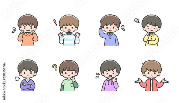 Fototapeta 困った表情の男の子イラストセット　上半身