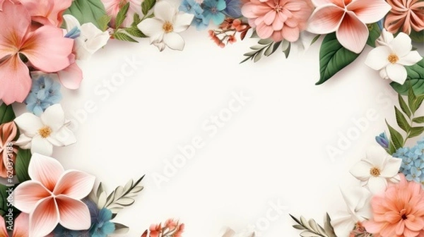 Fototapeta Floral border frame card template. multicolor flowers, leaves, for banner, wedding card. Springtime composition with copy-space, Generative AI illustration