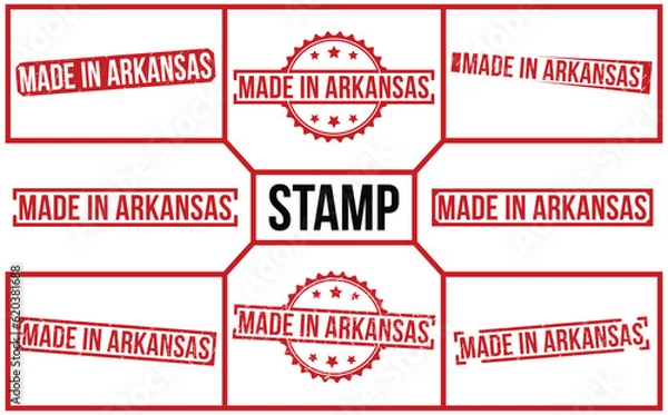 Obraz Made in Arkansas red rubber stamp on white background. Made in Arkansas Rubber Stamp set.