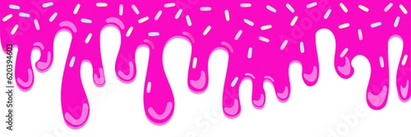 Fototapeta Pink soft ice cream, splashes of sweet candies, long border, seamless banner pattern, vector white background.	